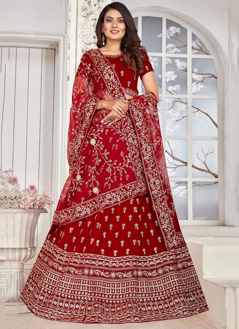 Maroon Velvet A Line Diwali Special Lehenga With Embroidery And Sequins Party Wear