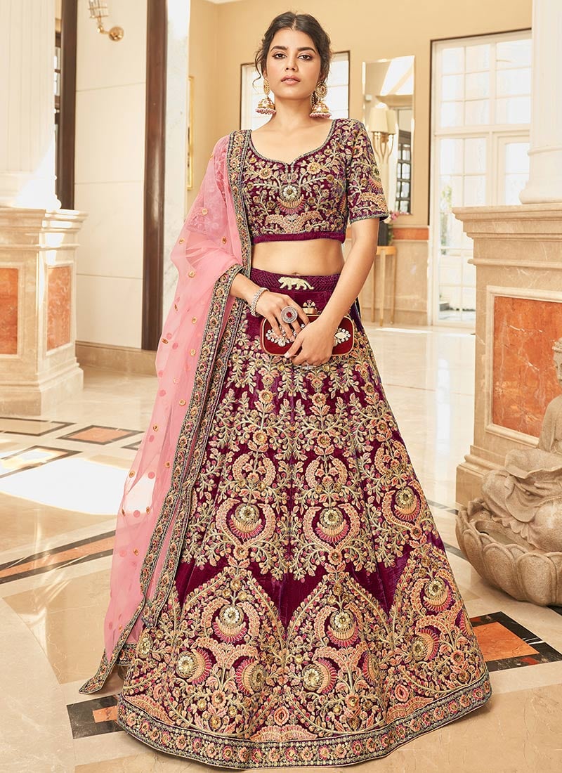 Maroon Velvet Embossed With Thread Sequins A Line Lehenga Wedding Wear