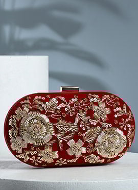 Maroon Velvet Embroidered Clutch With Embossed Beads
