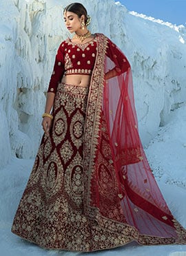 Maroon Velvet Embroidered Designer Lehenga Choli