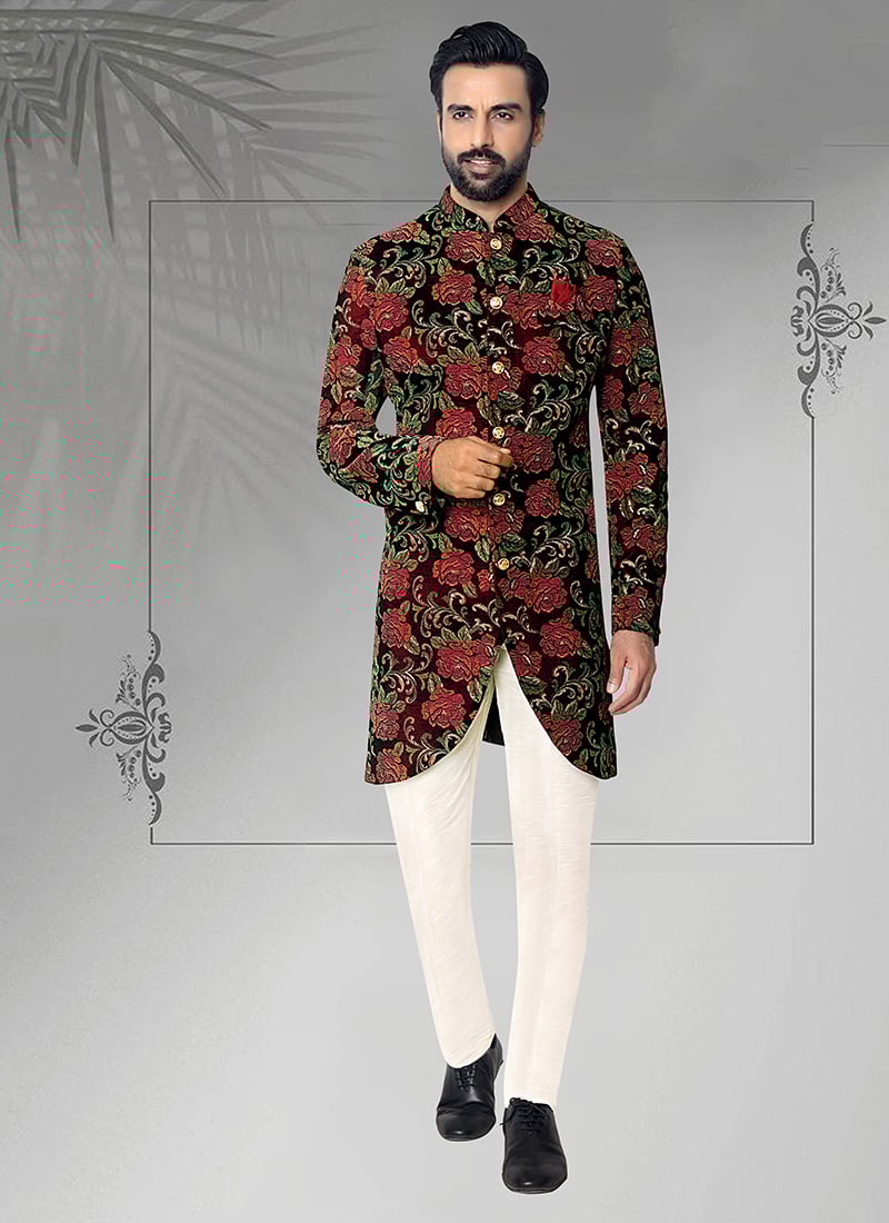 Maroon Velvet Embroidered Indowestern Sherwani Wedding Wear-SHMDC8190