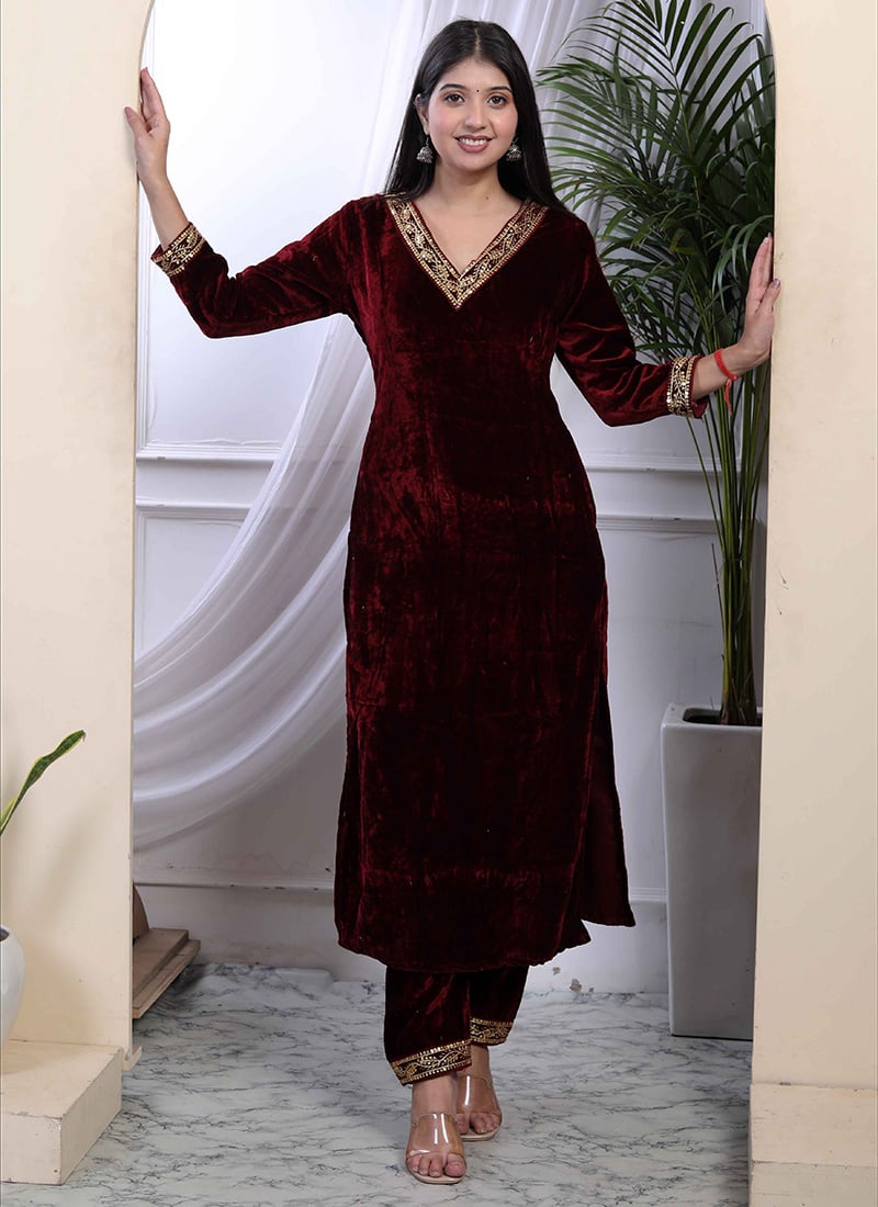 Maroon Velvet Embroidered Kurta Straight Pant Set