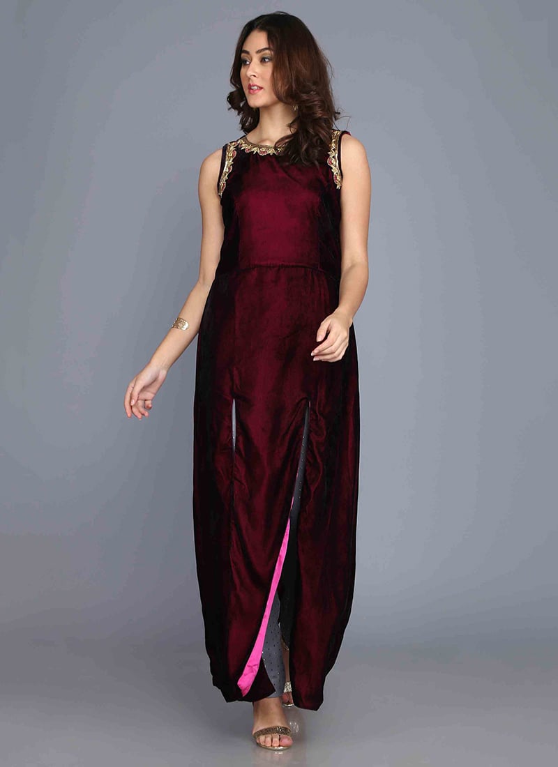 Maroon Velvet Embroidered Kurta Straight Pant Set