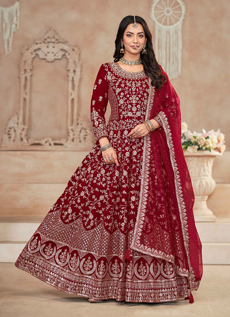 Maroon Velvet Embroidered Sequins A Line Anarkali Suit A Elegant Wear Festive Wear-SLSCC55933112