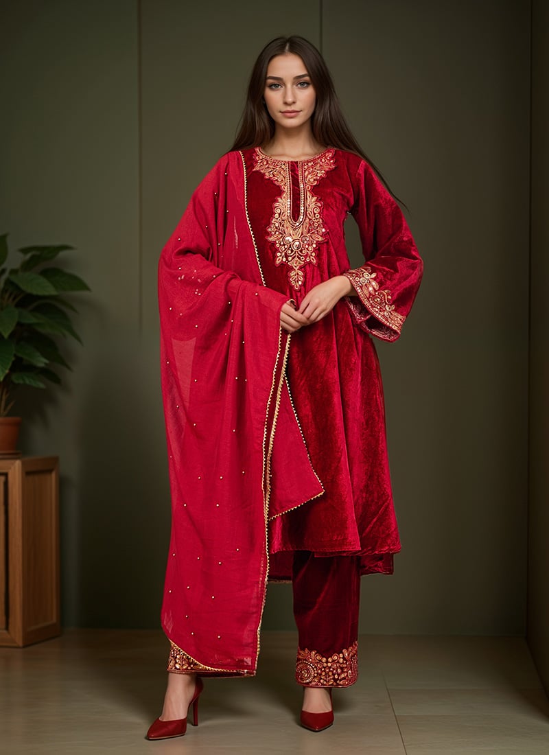 Maroon Velvet Embroidered Sequins A Line Straight Pant Suit Festive Wear