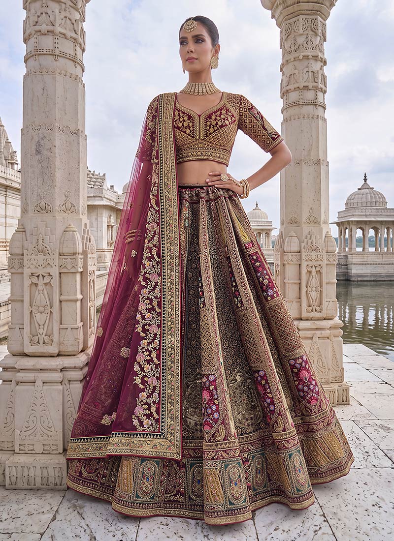 Maroon Velvet Embroidered Sequins Beads Stones Zari Resham Lehenga Wedding Wear