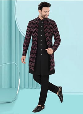 Maroon Velvet Embroidered Sequins Indowestern Sherwani