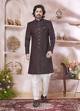 Maroon Velvet Embroidered Sequins Indowestern Sherwani