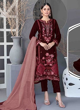 Maroon Velvet Embroidered Sequins Pakistani Straight Pant Suit
