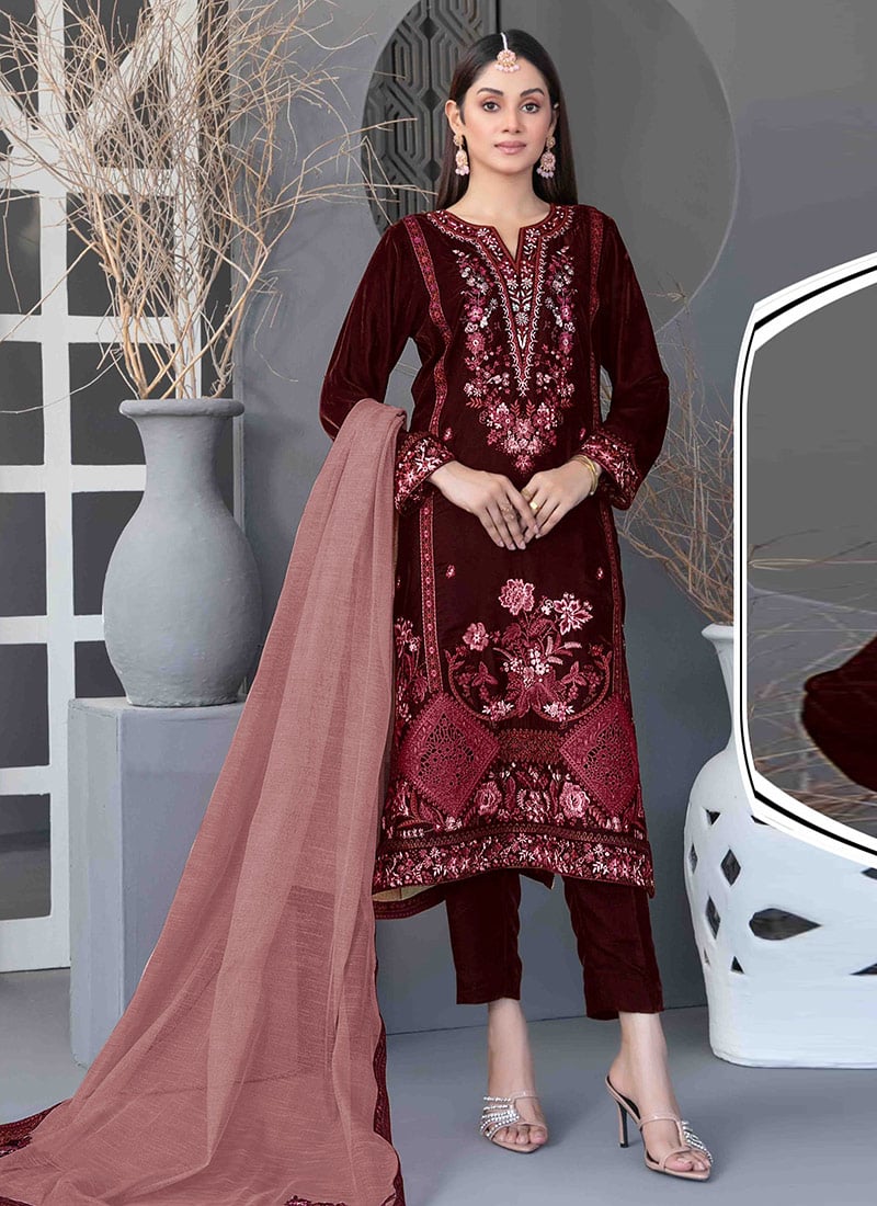 Maroon Velvet Embroidered Sequins Pakistani Straight Pant Suit Festive Wear