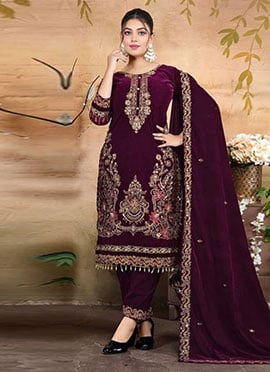 Maroon Velvet Embroidered Sequins Pakistani Straight Pant Suit