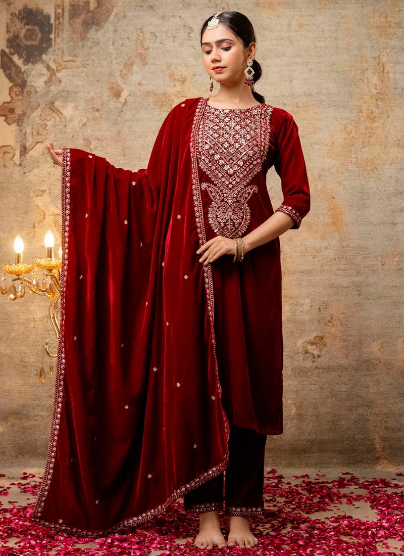 Maroon Velvet Embroidered Sequins Straight Pant Suit Festive Wear