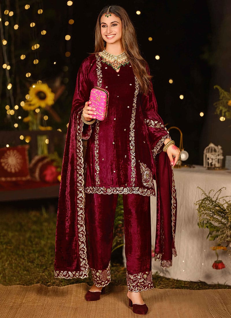 Maroon Velvet Embroidered Sequins Zardosi Beads Straight Pant Suit Festive Wear