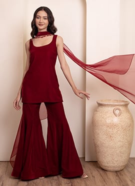 Maroon Velvet Embroidered Sharara Suit