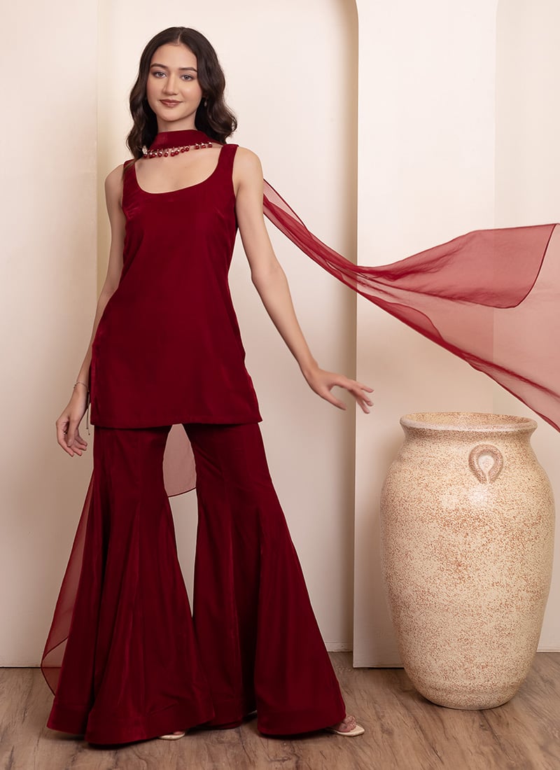 Maroon Velvet Embroidered Sharara Suit After Six Wear