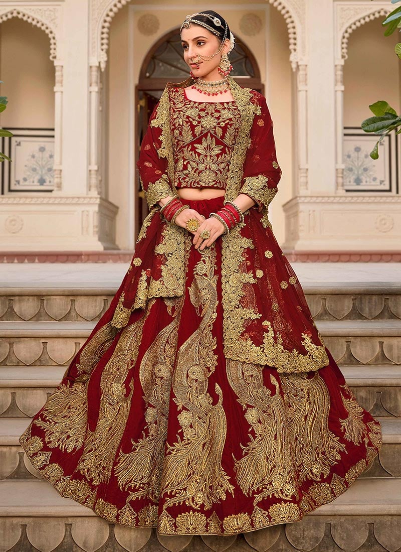 Maroon Velvet Embroidered Stone Work Elegant Lehenga