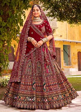 Maroon Velvet Embroidered Stones Sequins Zari Thread Umbrella Lehenga