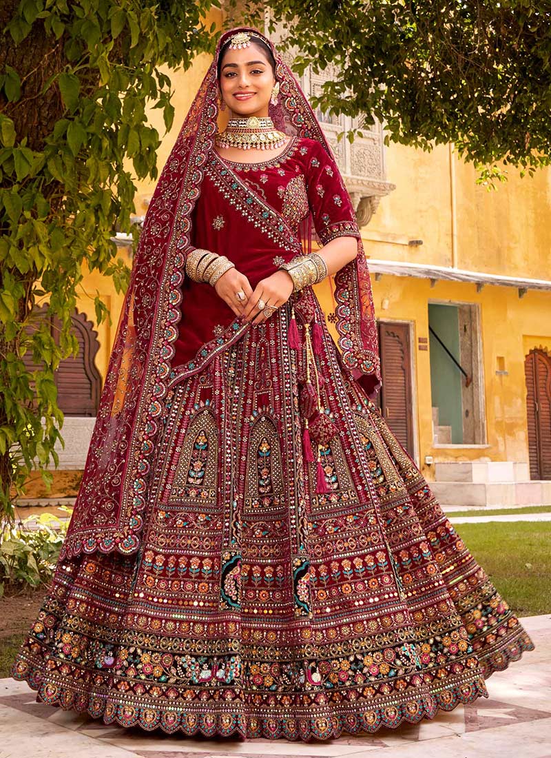 Maroon Velvet Embroidered Stones Sequins Zari Thread Umbrella Lehenga Wedding Wear