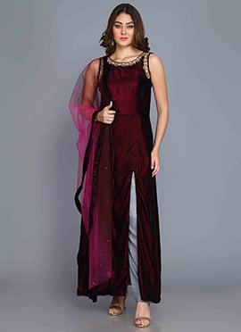 Maroon Velvet Embroidered Straight Pant Suit