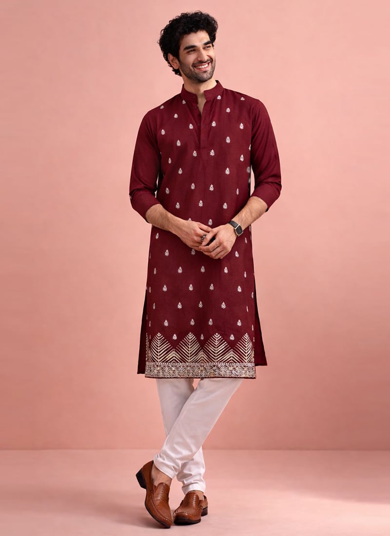 Maroon Velvet Embroidered Thread Kurta Pyjama Festive Wear