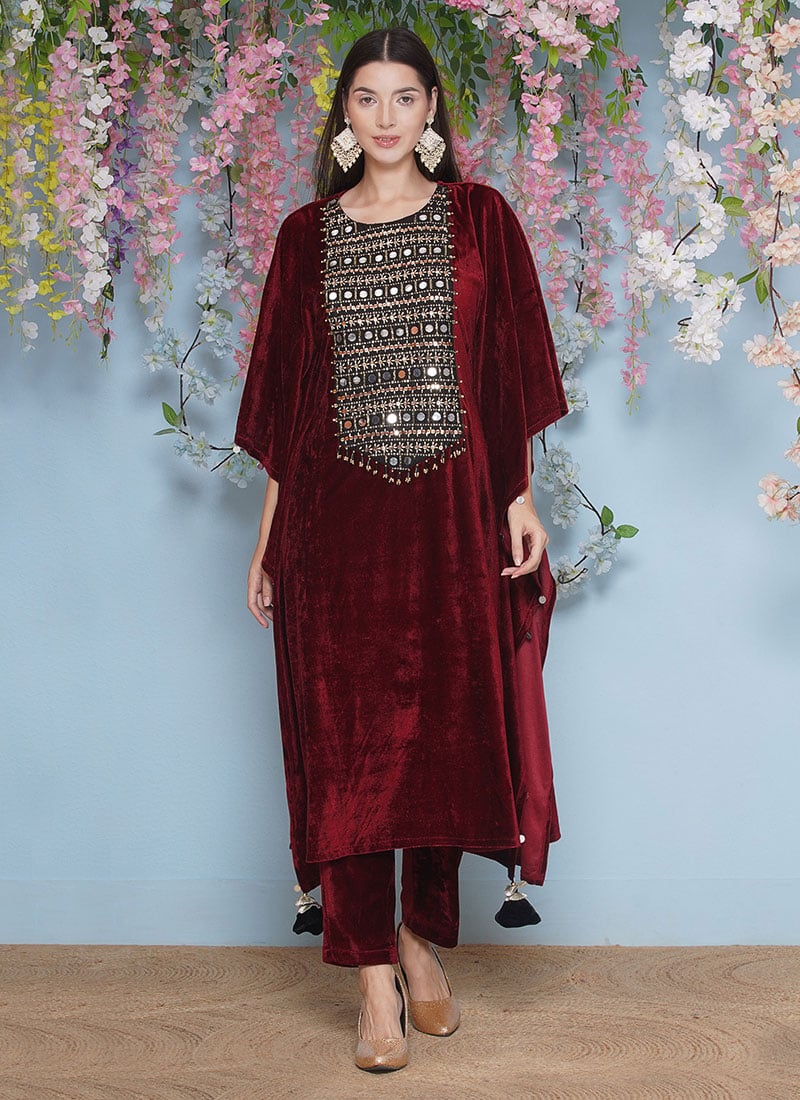 Maroon Velvet Hand Embroidered Indowestern Kaftan After Six Wear