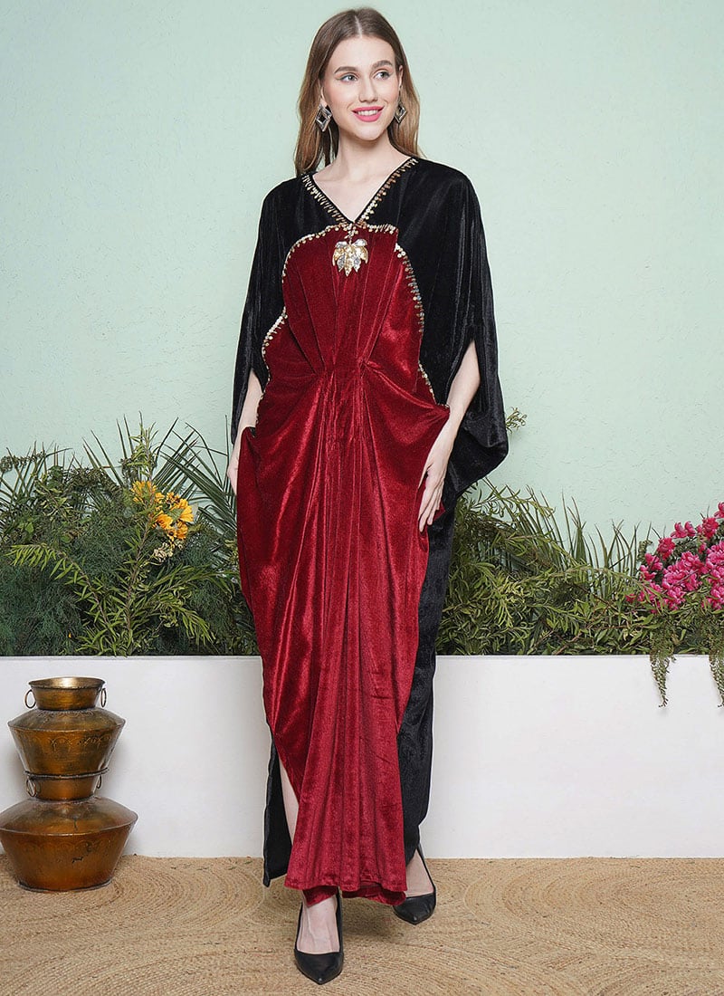 Maroon Velvet Hand Embroidered Beads Cutdana Work Indowestern Ball Gown After Six Wear
