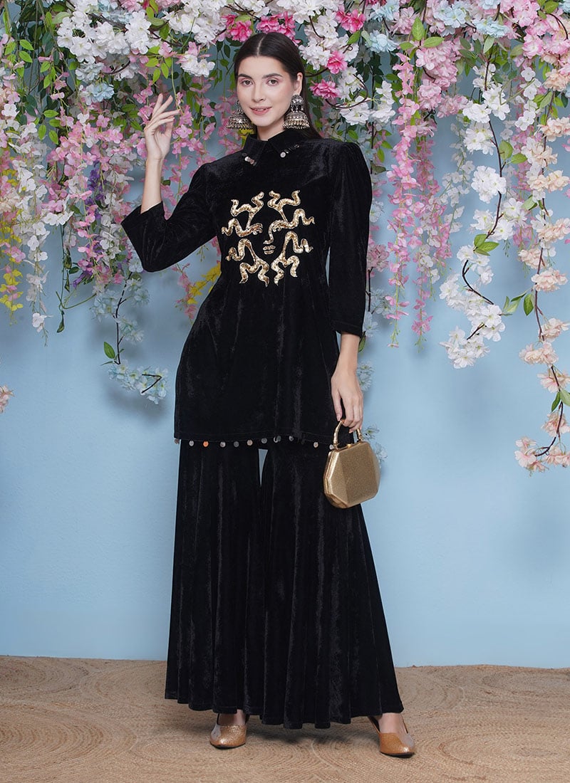 Black Velvet Hand Embroidered Indowestern Co ord Set After Six Wear
