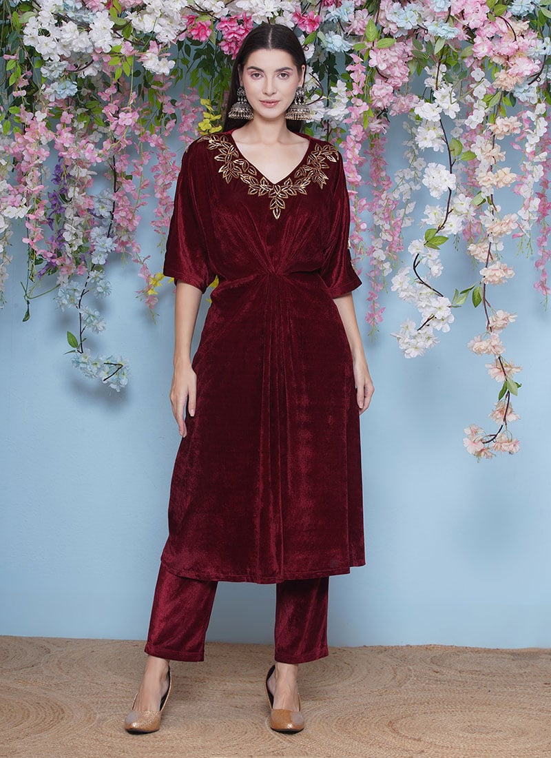 Maroon Velvet Hand Embroidered Indowestern Co ord Set After Six Wear