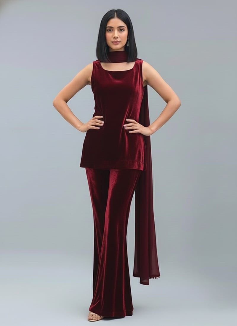 Maroon Velvet Palazzo Suit Festive Wear