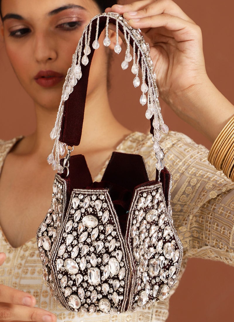 Maroon Velvet Potli Embossed With Crystals And Moti Party Wear