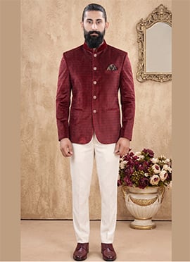 Maroon Velvet Self Design Jodhpuri Suit For Men