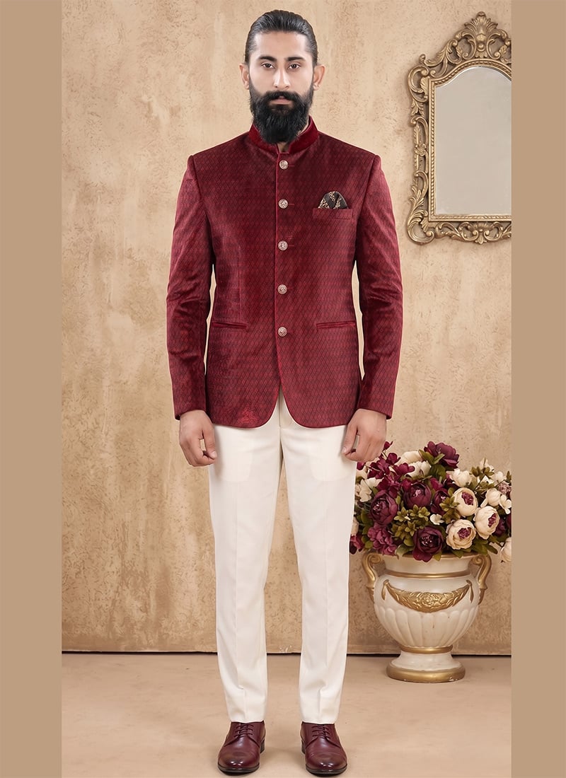 Maroon Velvet Self Design Jodhpuri Suit For Men After Six Wear