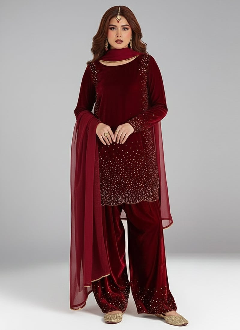 Maroon Velvet Sequins Hand Embroidery Salwar Suit Festive Wear