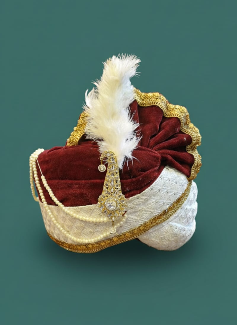 Maroon Velvet Sequins Turban With Brooch