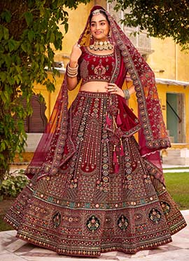 Maroon Velvet Thread Embroidered Stones Sequins Zari Umbrella Lehenga