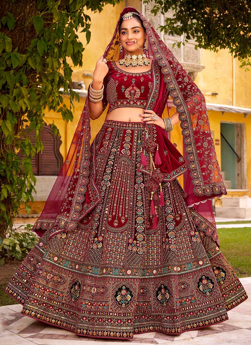 Maroon Velvet Thread Embroidered Stones Sequins Zari Umbrella Lehenga Wedding Wear