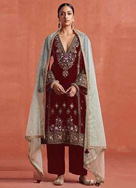 Maroon Velvet Zari And Embroidered Sequins Straight Pant Suit