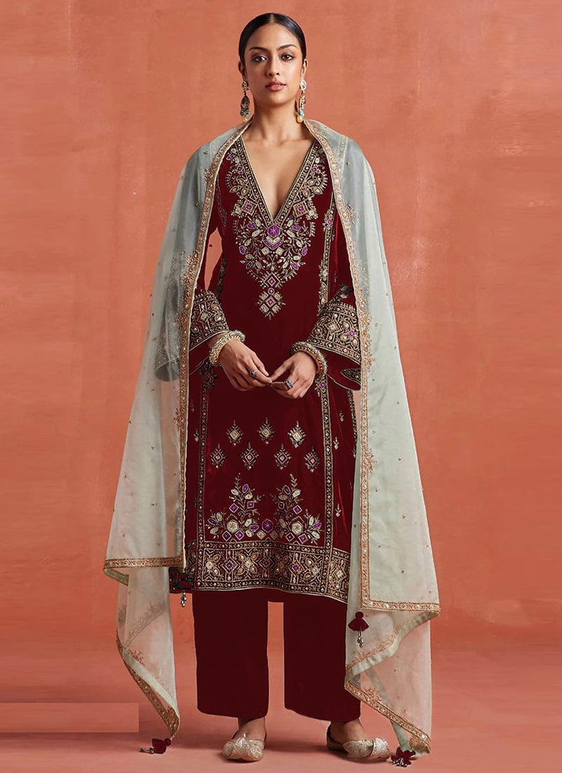 Maroon Velvet Zari And Embroidered Sequins Straight Pant Suit Festive Wear