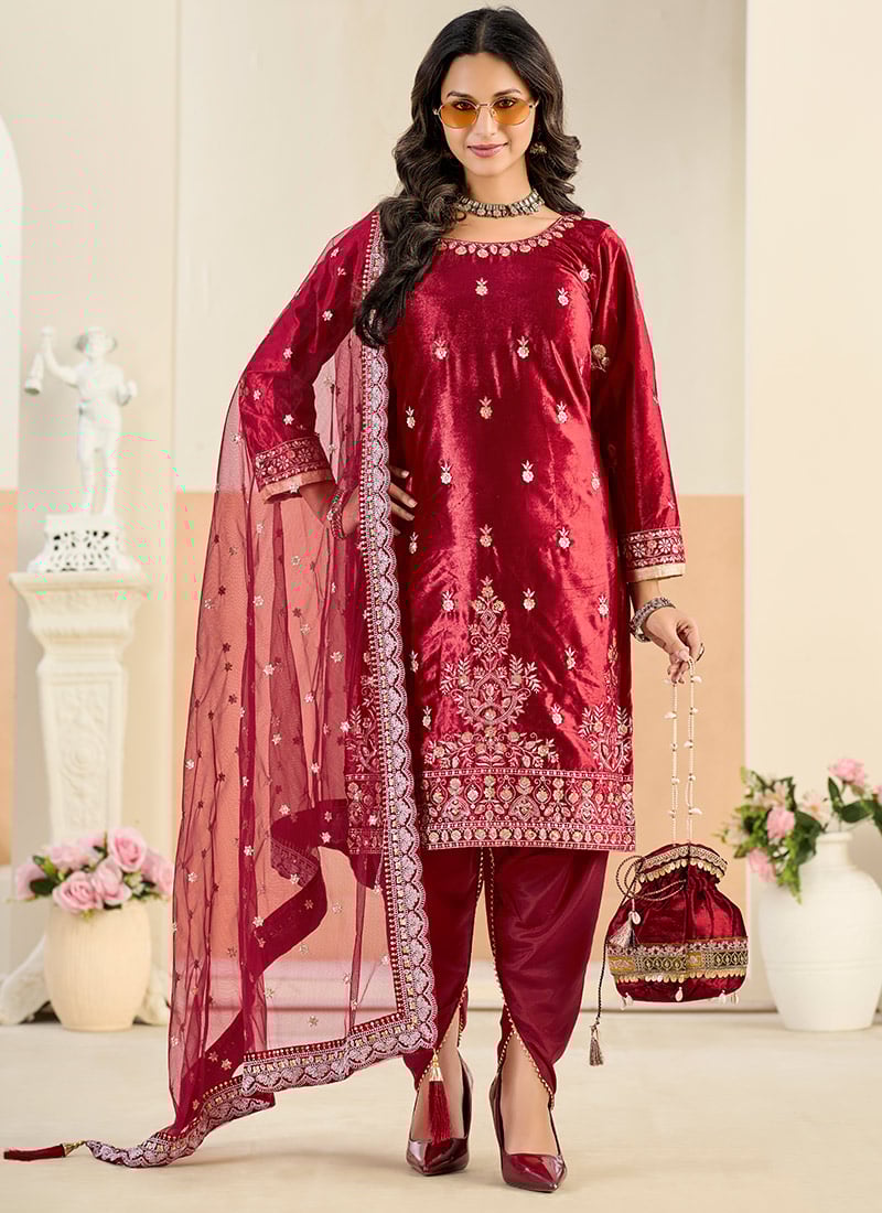 Maroon Velvet Zari Embroidered Dhoti Suit Festive Wear