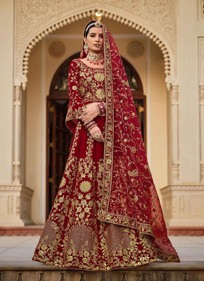 Maroon Velvet Zari Embroidered Sequins Regal Lehenga Wedding Wear-GHSCC48953076