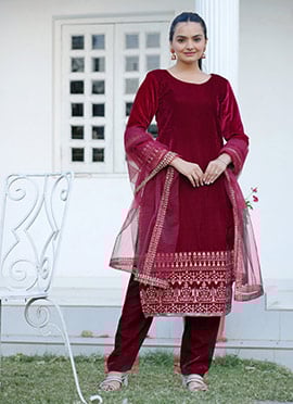 Maroon Velvet Zari Embroidered Sequins Straight Pant Suit
