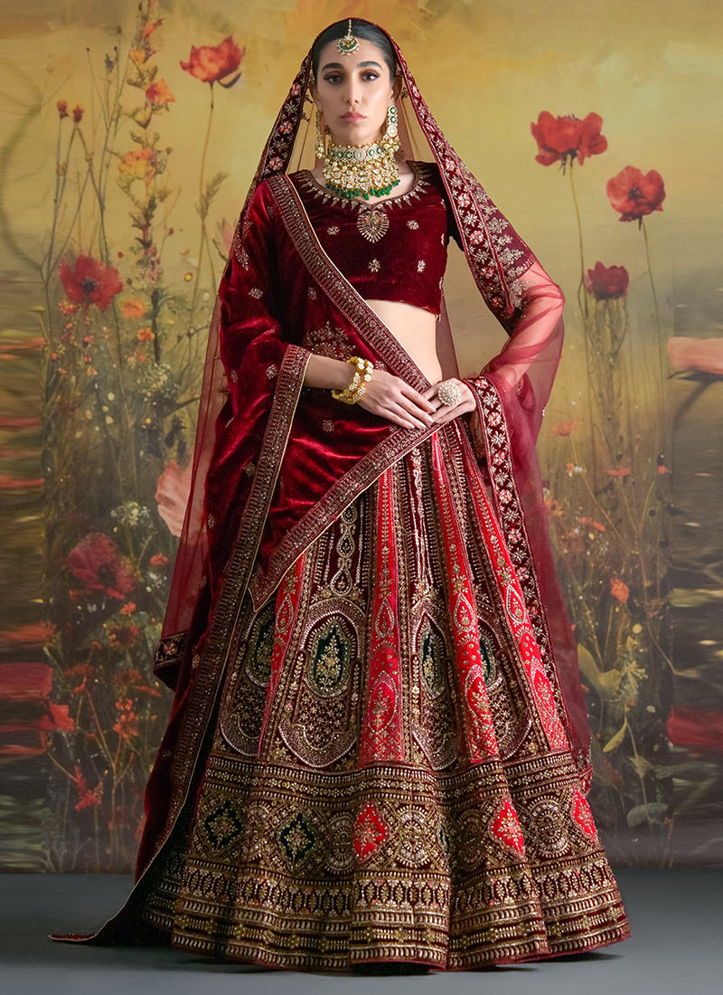 Magenta Velvet Bridal Semi-Stitched Lehenga Set with Gold Zari & Pearl Heavy Embroidery