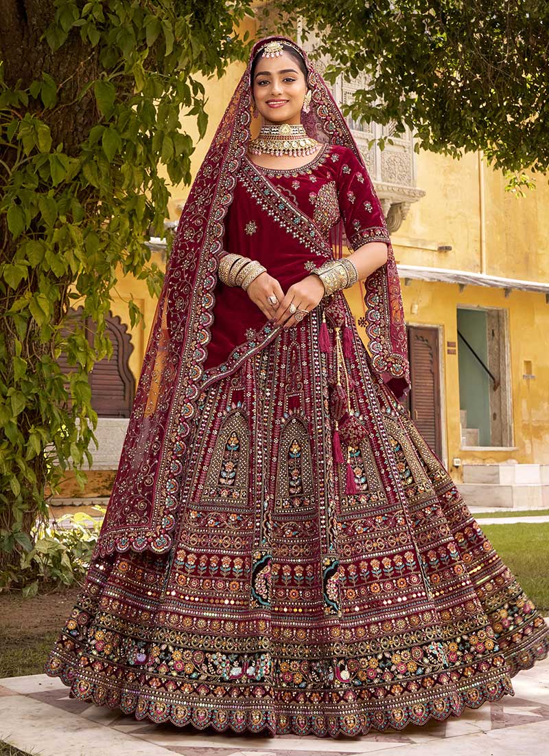 Maroon Velvet Zari Resham Stones Mirror Work Cut Work Umbrella Lehenga
