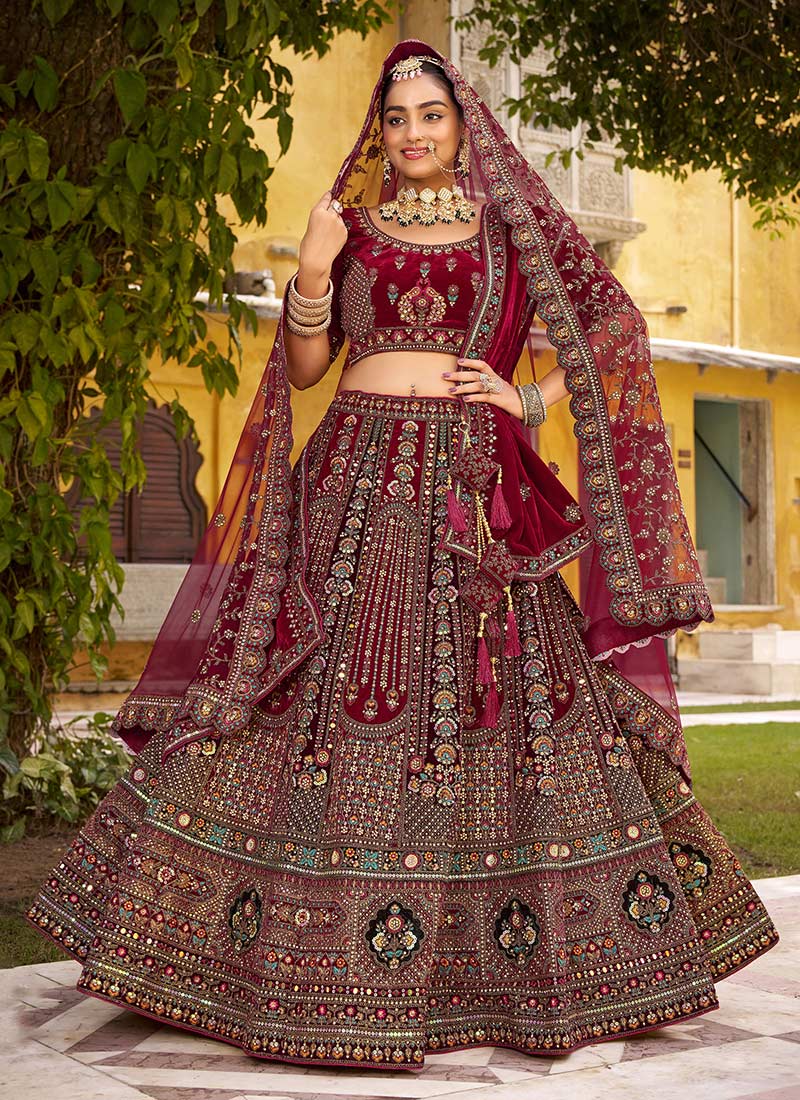 Maroon Velvet Zari Resham Stones Mirror Work Umbrella Lehenga