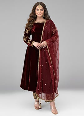 Maroon Velvet Zari Sequins Anarkali Suit
