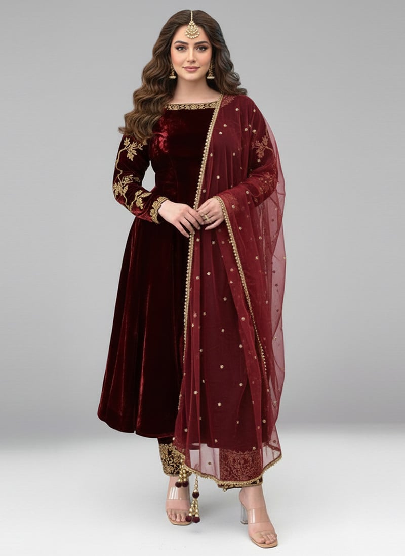Maroon Velvet Zari Sequins Anarkali Suit Festive Wear