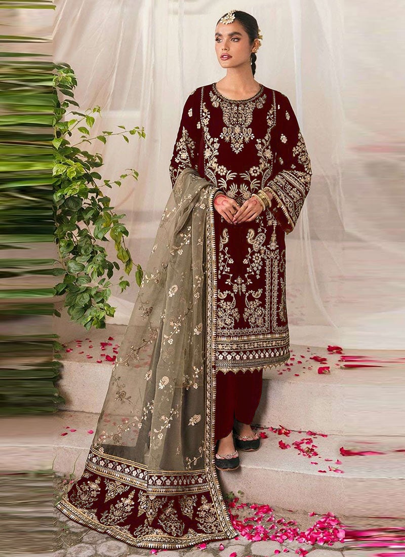 Maroon Velvet Zari Sequins Embroidered Straight Pant Suit Festive Wear