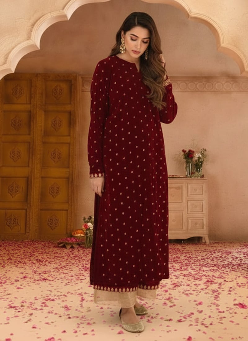 Maroon Velvet Zari Sequins Palazzo Suit Festive Wear
