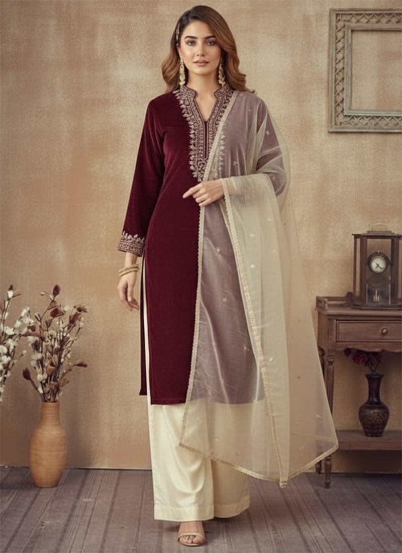 Maroon Velvet Zari Sequins Wedding Palazzo Set Festive Wear