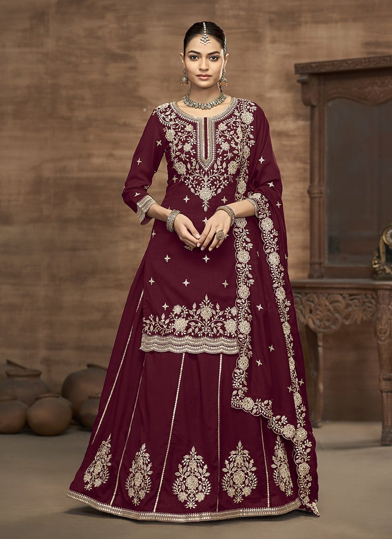 Maroon Vichitra Silk Embroidered A Line Lehenga Wedding Wear